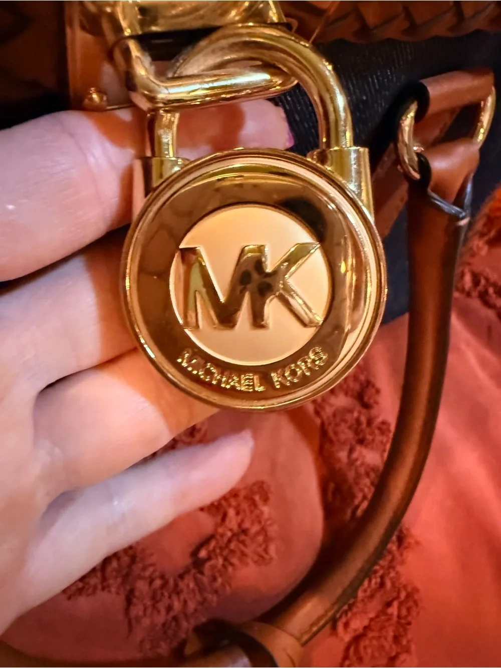 Michael Kors Navy Denim Satchel with Brown Leather Trim & Gold Hardware